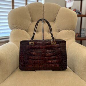 VTG Auth JORDAN MARSH Genuine Crocodile Circa 1960's Luxurious Brown Satchel Bag
